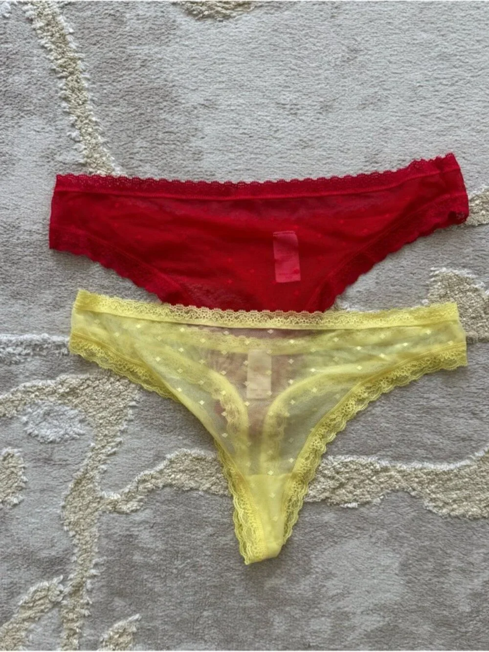 Victoria's Secret Red and Pale Yellow Sheer Lace Thong Pair of 2 NWOT